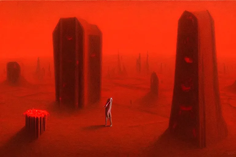 Image similar to only with red, a red god of death eat apple, a futuristic city on mars in background, floor are worms, in the style of beksinski, part by hopper, part by rodcenko, part by hofbauer, intricate composition, red by caravaggio, insanely quality, highly detailed, masterpiece, red light, artstation