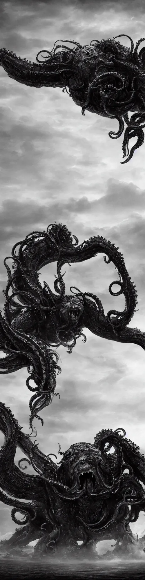 Prompt: extra wide view. Kraken. Ominous. Gothic medieval. Dry ground cracks. Cinematic. Epic composition. Fog. Realistic cinematography. Hyper-detailed. Photoreal. 8k