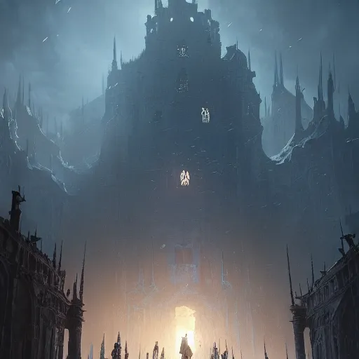 Image similar to a huge dungeon with an hunter fighting an old god, in the style of Bloodborne, soft, light, bright, epic, awesome,digital art, by Simon baek and Greg rutkowski