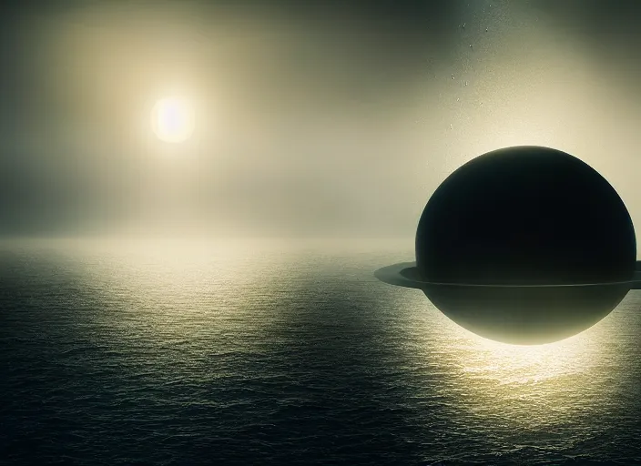 Image similar to ufo glowing sphere in the form of a black hole over the sea, fog, rain, volumetric lighting, beautiful, sharp focus, ultra detailed, jan urschel, dylan cole, marthe jonkers, james paick, thierry doizon, kai carpenter, ignacio fernandez rios, noir art house, 4 k, 3 5 mm, fujifilm