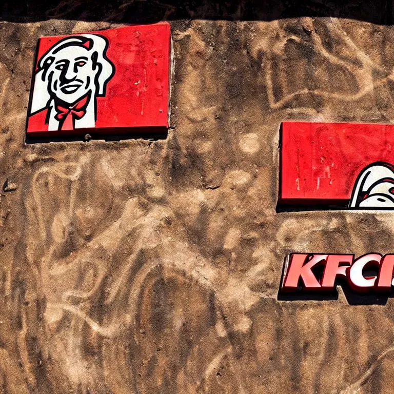 Image similar to stone age cave painting of KFC drive-thru