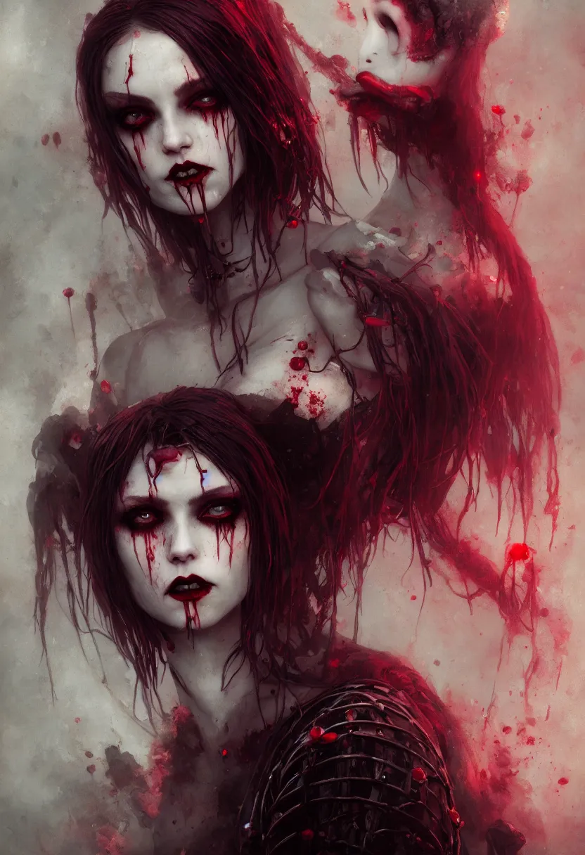 Image similar to beautiful, very very very extreme closeup portrait, bloody, vampire girl, extreme blood, vampire fangs, medieval dress. witch, makeup. unreal engine, greg rutkowski, loish, rhads, beeple, tom bagshaw, alphonse mucha, global illumination, detailed and intricate environment