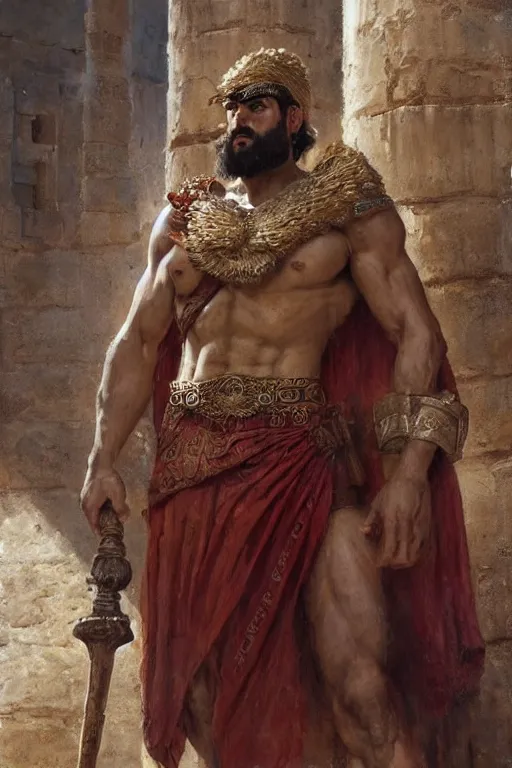 Prompt: assyrian, handsome gigachad hero in ancient courtyard, wearing a toga, babylonian beard, herculean bulging muscular figure, beautiful gigachad, soft lighting, highly detailed face!!, sharp focus, artstation, by gaston bussiere, j. c. leyendecker, craig mullins