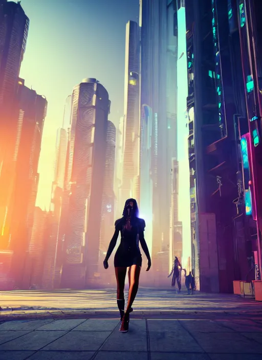 Image similar to photo of a beautiful woman walking through a ( ( ( cyberpunk city ) ) ), full body, hyper realistic, 8 k, dslr, unreal engine, highly detailed portrait