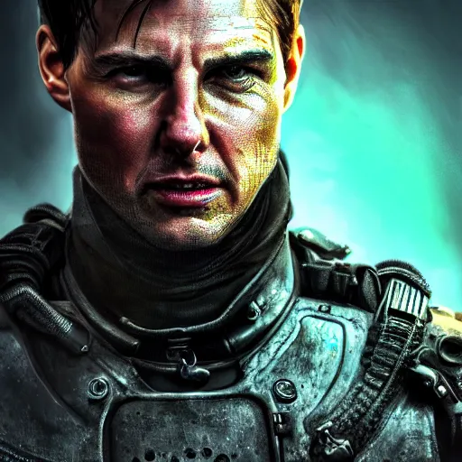 Image similar to tom cruise portrait, dystopia core, apocalyptic, armor, warrior, dramatic, sharp focus, fiction, neon, fantasy, hyper detailed, digital art, trending in artstation, cinematic lighting, studio quality, smooth render, unreal engine 5 rendered, octane rendered, art style and nixeu and wlop and krenz cushart