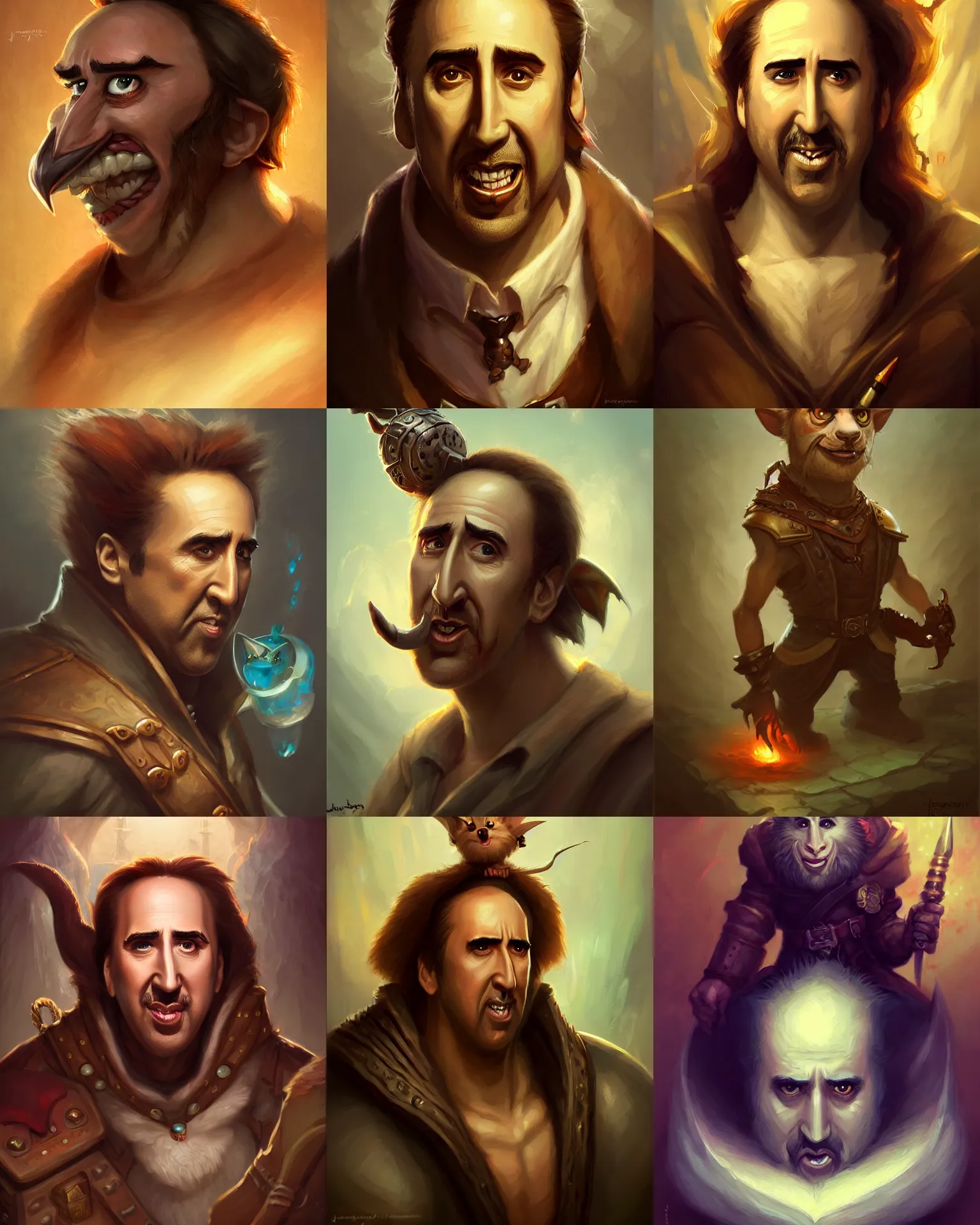 Prompt: cute little anthropomorphic nicholas cage cute and adorable, pretty, beautiful, dnd character art portrait, matte fantasy painting, deviantart artstation, by jason felix by steve argyle by tyler jacobson by peter mohrbacher, cinema