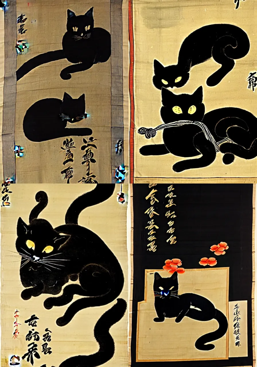 Prompt: black cat sleeping on shrine, by Shen Quan (1682—1760), trending on pixiv, HD, hanging scroll, ink and colour on silk, low saturation
