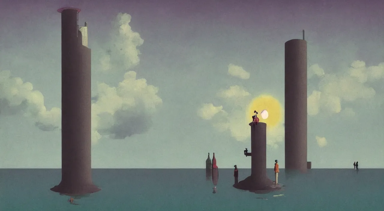 Prompt: single flooded simple cosmic tower!, very coherent and colorful high contrast!! masterpiece by rene magritte simon stalenhag carl spitzweg syd mead norman rockwell edward hopper james gilleard, minimalist, dark shadows, sunny day, hard lighting