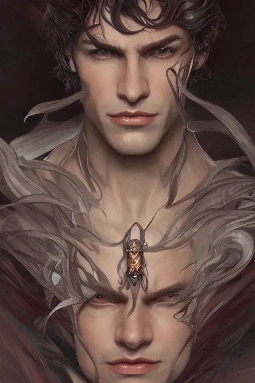 Image similar to up close portrait of a beautiful male vampire, d & d, face, fantasy, intricate, elegant, highly detailed, digital painting, artstation, concept art, smooth, sharp focus, illustration, art by artgerm and greg rutkowski and alphonse mucha