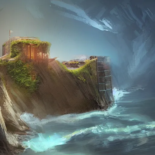 Image similar to sci fi house on a cliff above the coast, digital painting by Angrymikko, warm lighting, concept art