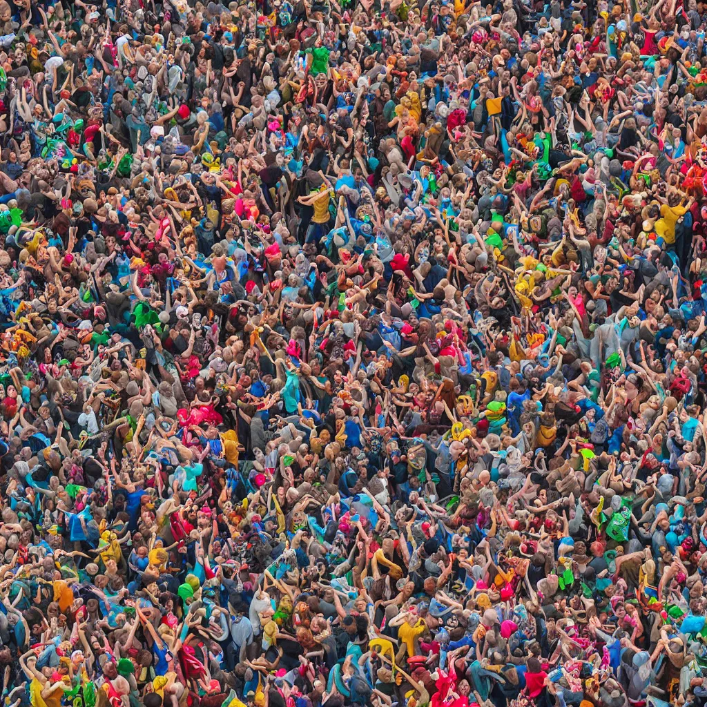 Image similar to moshpit from above with a lot of clowns, very detailed