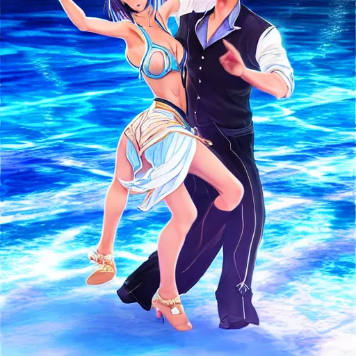 Image similar to semi realistic portrait Salsa Dancing inside clear blue ocean water in blade and soul spinoff by Hyung-tae Kim and by Artgerm Lau , color overlay, rim light and highlights , Gesture draw, Salsa Social Dance, couple, Salsa tricks, WLOP, Hyung-tae Kim, Rossdraws, Gesture draw, James Jean, Andrei Riabovitchev, Marc Simonetti, and Sakimichan, trending on artstation