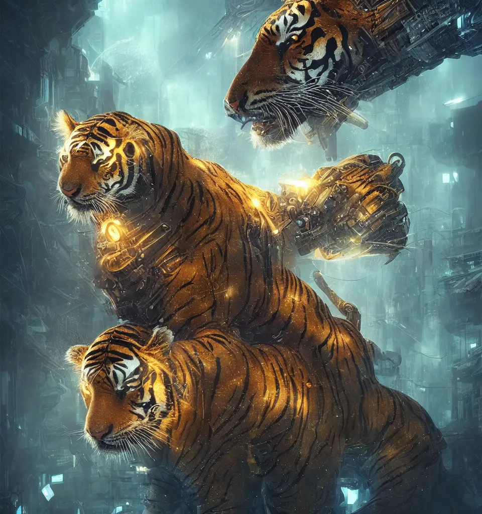 Image similar to small cybernetic tiger, cinematic, highly detailed, octane render, cg, rich cinematic atmosphere, perfect digital art, mystical journey in strange world, Mystical, cyberpunk, sci-fi, surreal, glowing lights, sharp focus, high detailed, by Akihiko Yoshida, michael whelan and Karol Bak