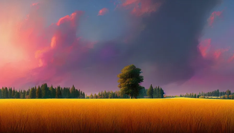 Image similar to colourful sky, wheat field, radio telescope, big trees, matte painting, art station, digital art, simon stalenhag