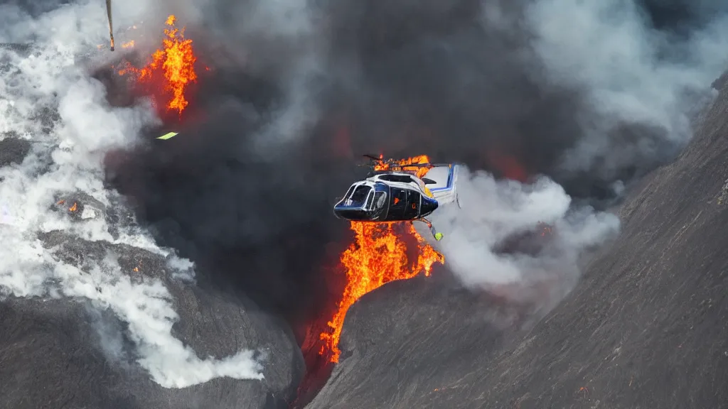 Image similar to person wearing a sponsored team jersey with logos jumping out of a helicopter with a surfboard into a volcano, action shot, dystopian, thick black smoke and fire, sharp focus