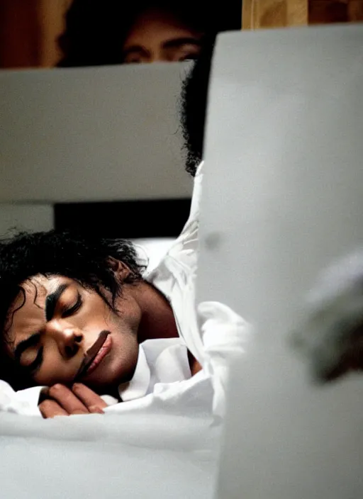 Image similar to photo still of michael jackson asleep inside a casket, full-shot, 4k