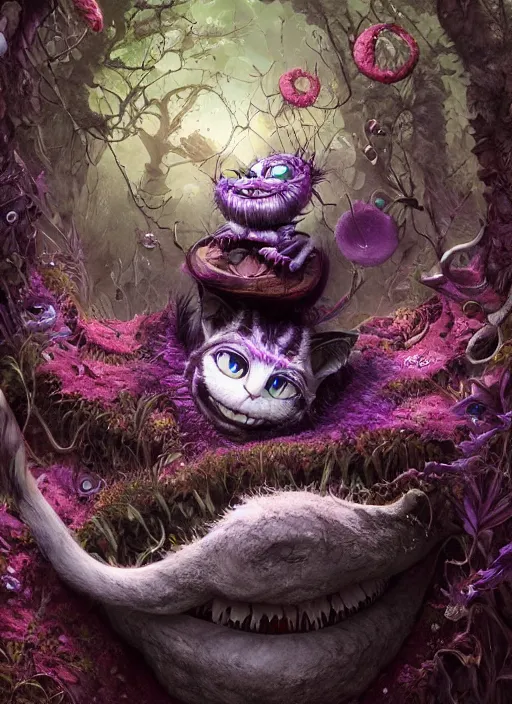 Image similar to cheshire cat, nice, friendly, highly detailed, cinematic, 8 k, by megan duncanson, benjamin lacombe, stanley artgermm, tom bagshaw, craig mullins, carne griffiths, ayami kojima, beksinski, giger, trending on deviantart, hyper detailed, horror, full of colour