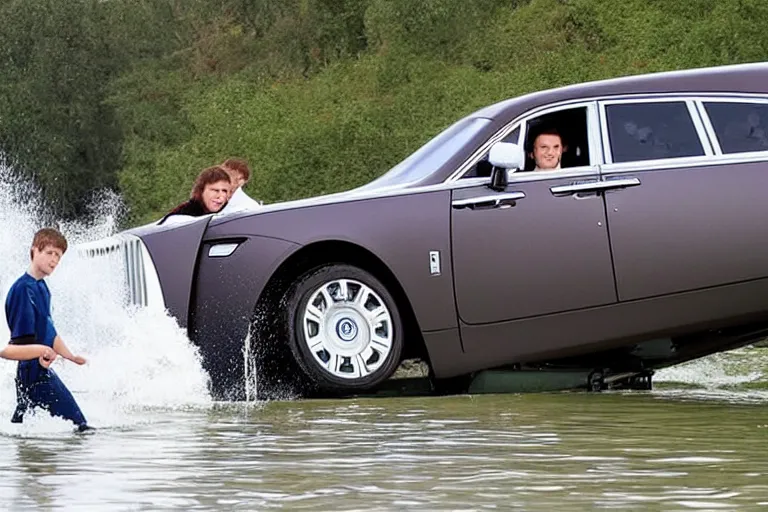 Image similar to Teenagers push Rolls-Royce into lake with their hands from a small slide wanting to drown him