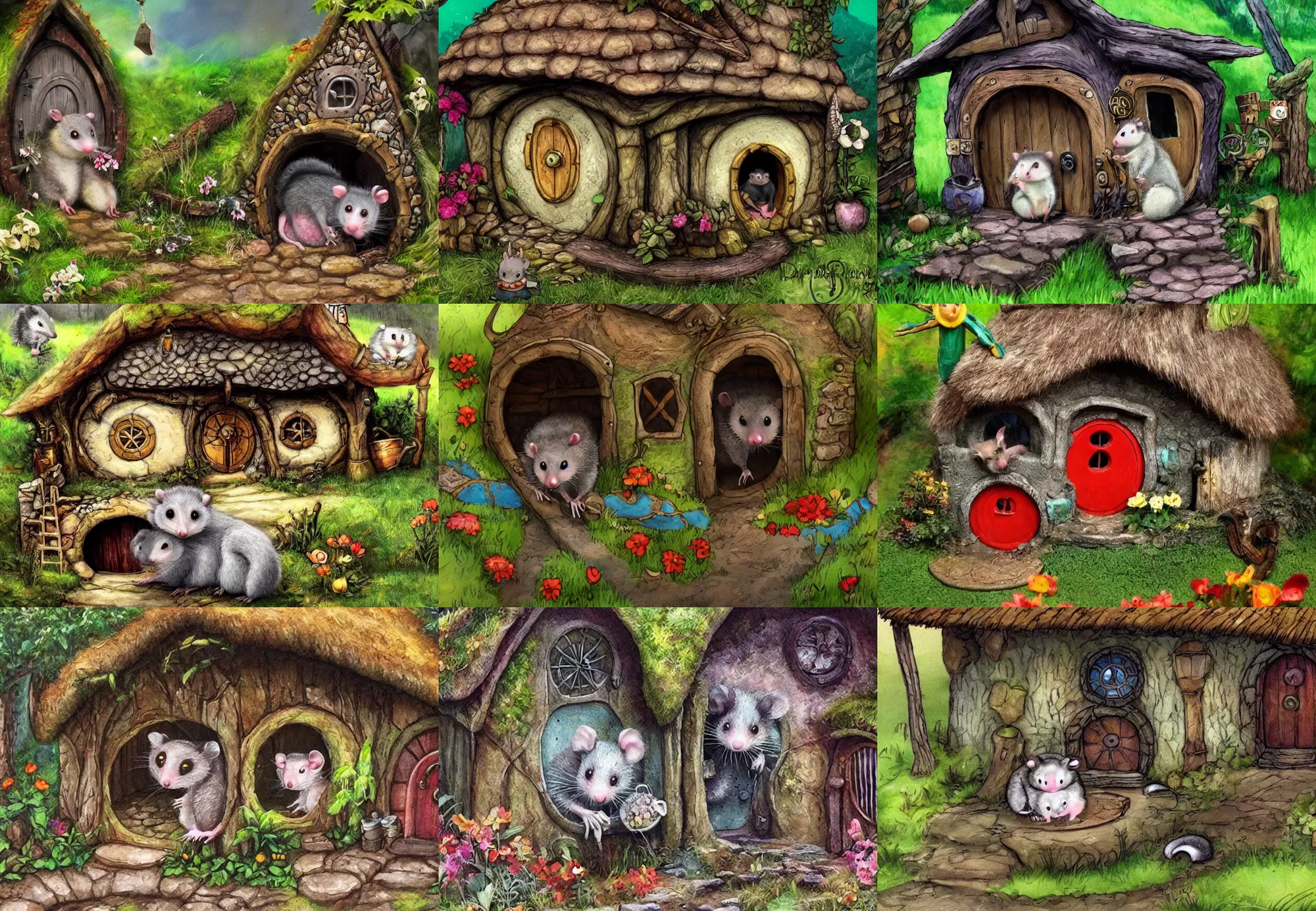 Prompt: cute possum dwelling a hobbit cottage, dark fantasy, full of color
