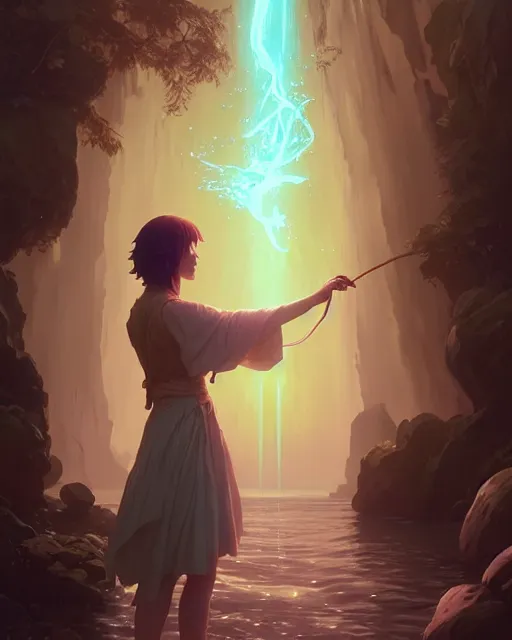 Image similar to highly detailed vfx portrait of a mage casting a water spell, unreal engine, greg rutkowski, loish, rhads, beeple, makoto shinkai and lois van baarle, ilya kuvshinov, rossdraws, tom bagshaw, alphonse mucha, global illumination, detailed and intricate environment