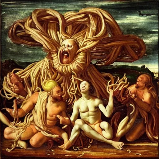 Prompt: the flying spaghetti monster, Renaissance Painting