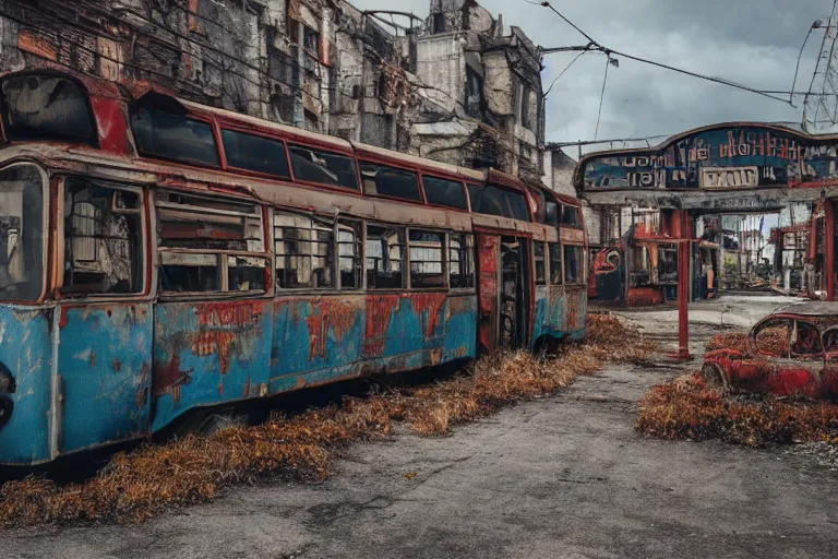 Prompt: low wide angle shot of dilapidated fallout 5 europa, temperate european hamlet, desolate, dilapidated neon signs, few rusted retro futuristic vintage parked vehicles like cars, buses, trucks, trams, volumetric lighting, photorealistic, daytime, autumn, sunny weather, sharp focus, ultra detailed, 4 0 0 0 k