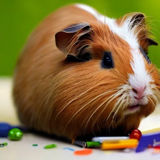 Prompt: guinea pigs using tiny computers, trending on artsation,