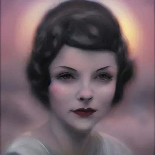 Prompt: a closeup portrait of a young vivian leigh, 1 9 2 0 s city background, gorgeous view, sunset, film noir, depth, by seb mckinnon, by greg rutkowski, by igor kieryluk, digital art, trending on artstation