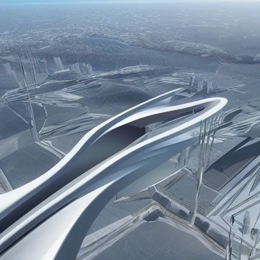 Prompt: Zaha Hadid fly in the sky in his fantasy world design by Zaha unreal engine vray