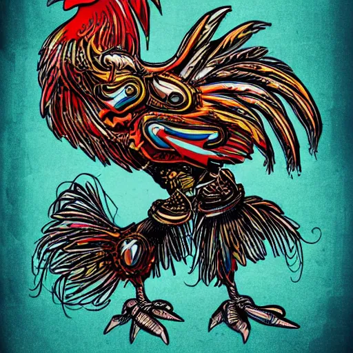 Prompt: colorful schematic of a fighting rooster made of car engine parts, schematic, dieselpunk, illustration, intricate, highly detailed