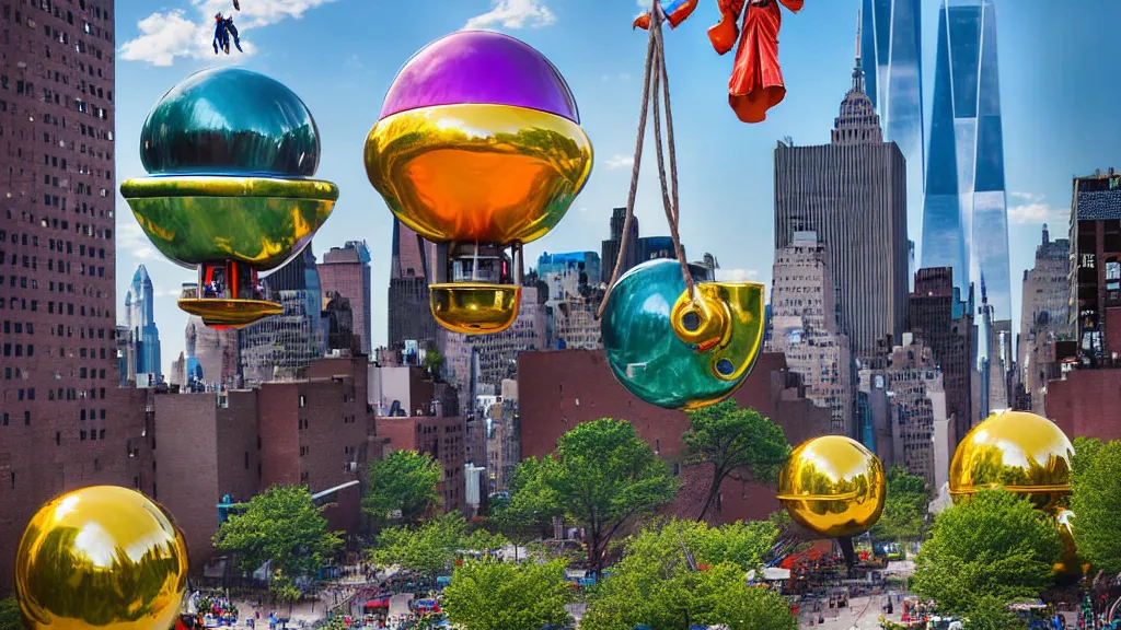 Image similar to large colorful futuristic space age metallic steampunk balloons with pipework and electrical wiring around the outside, and people on rope swings underneath, flying high over the beautiful mew york city landscape, professional photography, 8 0 mm telephoto lens, realistic, detailed, photorealistic, photojournalism