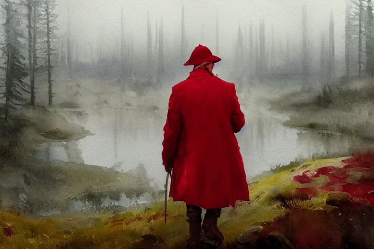 Prompt: watercolor painting of man in red coat overlooking scandinavian bog, reflective, fog, ambient lighting, art by anders zorn, wonderful masterpiece by greg rutkowski, cinematic light, american romanticism by greg manchess, creation by tyler edlin, mockup watercolor sketch with bold brushstrokes, smudged and smeared paint, white border edge, white paper corners