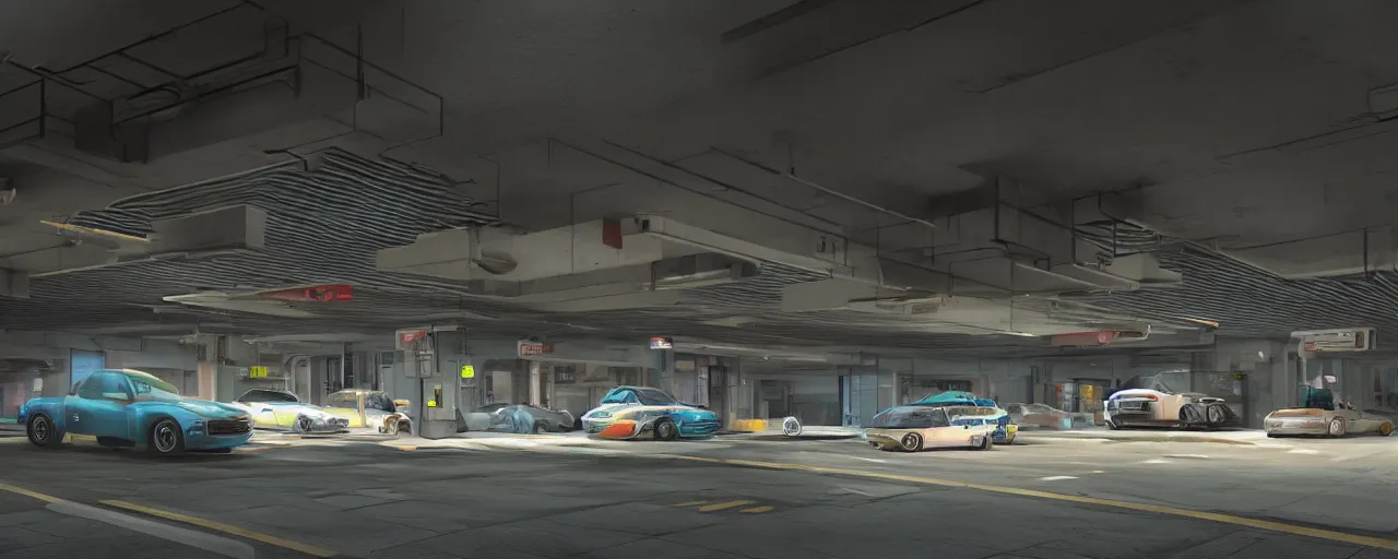 Prompt: highly detailed underground parking garage, cars, trucks, fisheye, fluorescent ceiling lights, ((curbs)), ((speed bumps)), (pavement markings), by Beeple and Syd Meade, concept art, octane render, 8k HDR, artstation