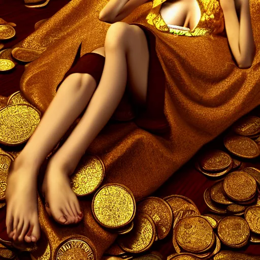 Prompt: dragoness lounges on a bed of gold coins # anime # rendered # raycasting # vfx # photorealism cartoon illustration artwork detailed fantasy artstation