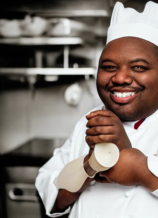 Prompt: portrait photo still of real life school chef jerome mcelroy fat with chef hat in school cafeteria holding a ladel, 8 k, 8 5 mm, f. 1 4