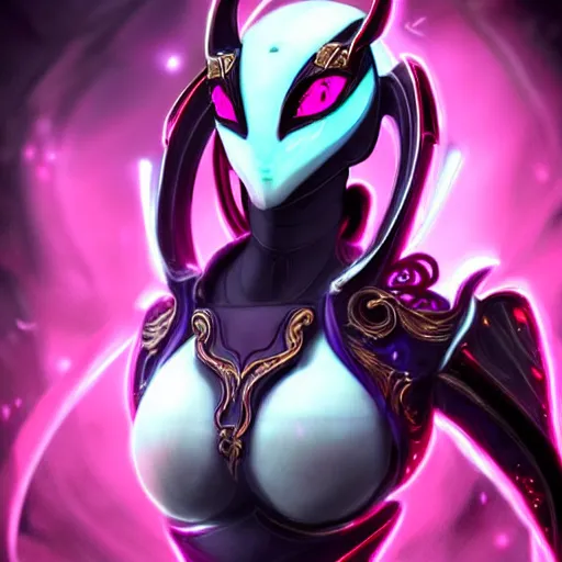 Image similar to highly detailed exquisite fanart, of a beautiful female warframe, but as an anthropomorphic robot female dragon, glowing eyes and robot dragon head, off-white plated armor, bright Fuchsia skin, royal elegant pose, close-up bust shot torso up, epic cinematic shot, realistic, professional digital art, high end digital art, sci fi, DeviantArt, artstation, Furaffinity, 8k HD render, epic lighting, depth of field
