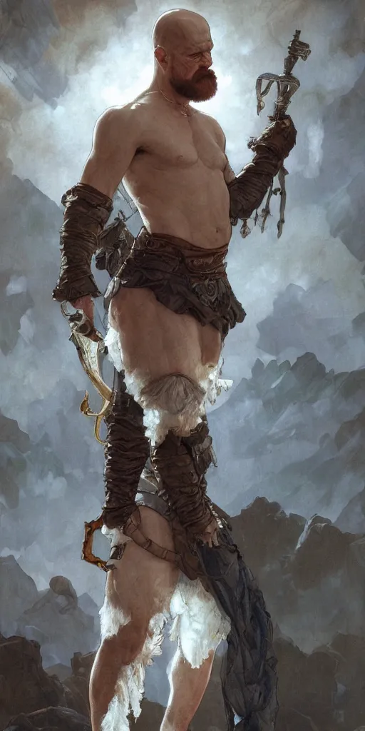 Image similar to Heisenberg as Kratos, highly detailed, digital painting, artstation, concept art, smooth, sharp focus, illustration, ArtStation, art by artgerm and greg rutkowski and alphonse mucha and J. C. Leyendecker and Edmund Blair Leighton and Katsuhiro Otomo and Geof Darrow and Phil hale and Ashley wood and Ilya repin and Charlie Bowater