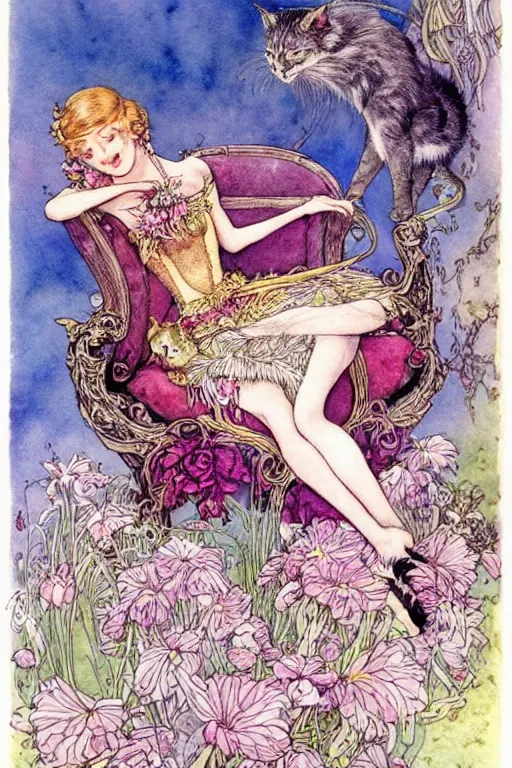 Image similar to puss in boots, fantasy art, trending on artstation, sleeping beauty fairytale, art by hans zatzka and walter crane and kay nielsen, watercolor illustration,