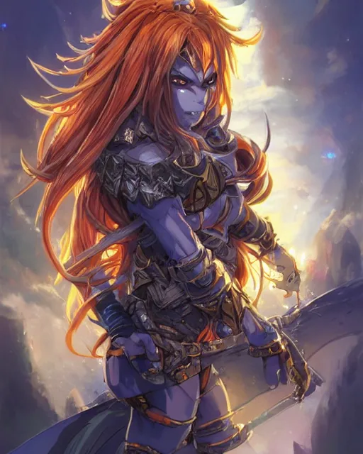 Image similar to An anime portrait of a beautiful D&D half-orc female with long wavy dark blue hair, bright orange eyes, intricate full body armour, fantasy soldier, by Stanley Artgerm Lau, WLOP, Rossdraws, James Jean, Andrei Riabovitchev, Marc Simonetti, and Sakimichan, highly detailed, ultra detailed, golden hour, trending on artstation, cgstudio