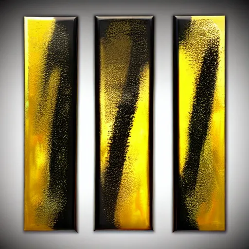 Prompt: a pour painting triptych, gold black green colors, abstract, thick paint, glossy, resin coated