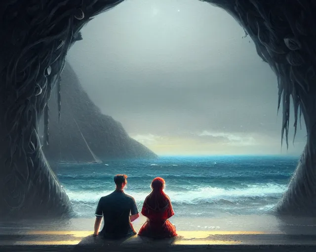 Image similar to couple sitting in front of the ocean, detailed intricate illustration, dark atmosphere, detailed illustration, hd, 4 k, digital art, overdetailed art, by greg rutkowski, by loish, complementing colors, trending on artstation, deviantart