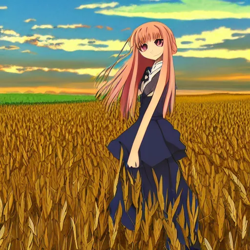 Prompt: anime illustration of Holo from Spice and Wolf standing in a wheat field at sunset, Holo if a wolf girl