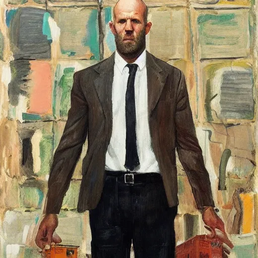 Image similar to portrait of jason statham pet detective standing atop a garbage truck mark rothko lucian freud greg rutkowski