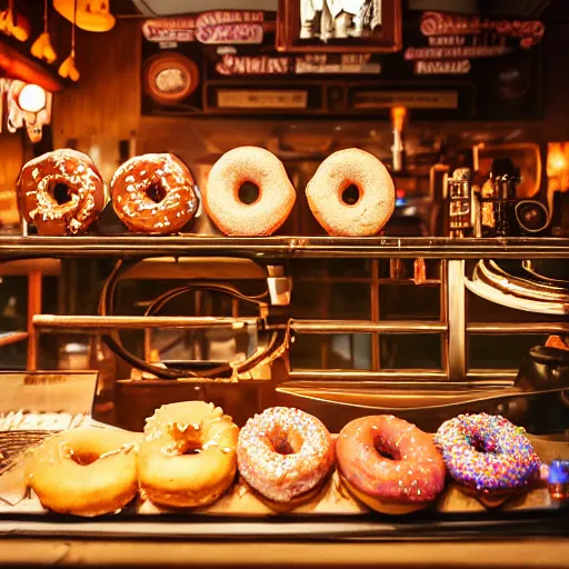 Image similar to Donuts on display at a USA western saloon in the 1800s, robot barkeep, muted cyberpunk style, tranquil, busy but lonely, atmospheric, hazy, sweltering, autochrome, 8k, reflections, octane render, unreal engine 5