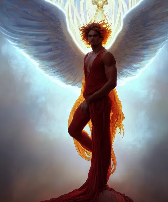 Image similar to symmetrical fullbody portrait of a beautiful young fit male angel with curly blond hairs, full dressed in long fluent red clothes, majestic big demon wings, luminous fire halo, by greg rutkowski and alphonse mucha, gradient white to gold, in front of an hellish background, highly detailed portrait, digital painting, artstation, concept art, smooth, sharp focus illustration