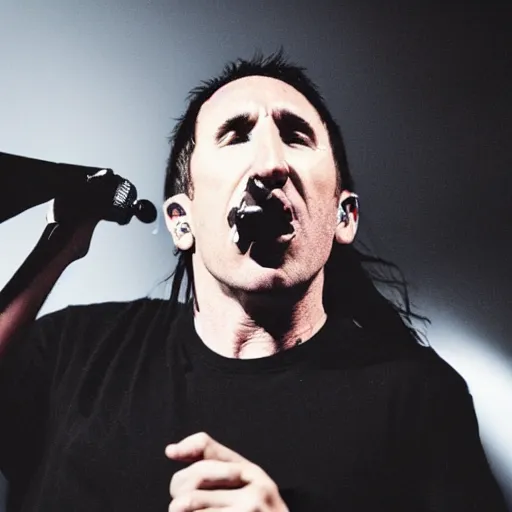 Prompt: Concert photo of Trent Reznor eating an ice cream cone on stage. Flash photography.