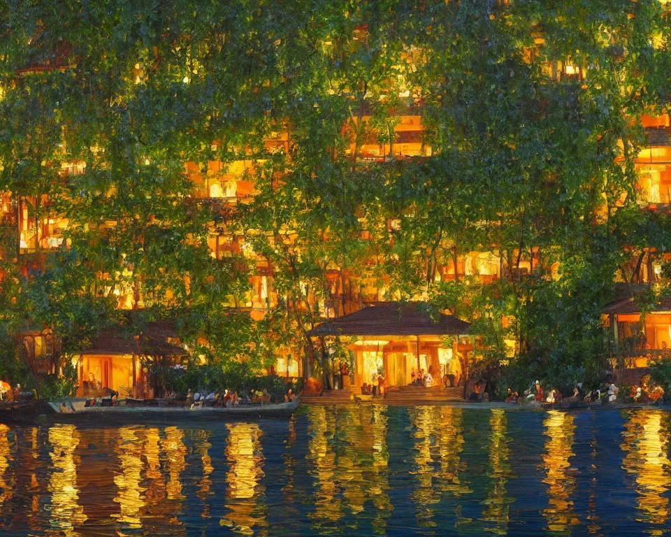 Prompt: an achingly beautiful oil painting of a vibrant Thailand four seasons hotel, lit by glowing lanterns and covered in ivy, on the shores of Koh Phi Phi by Raphael and Hopper. detailed, romantic, trending on artstation.