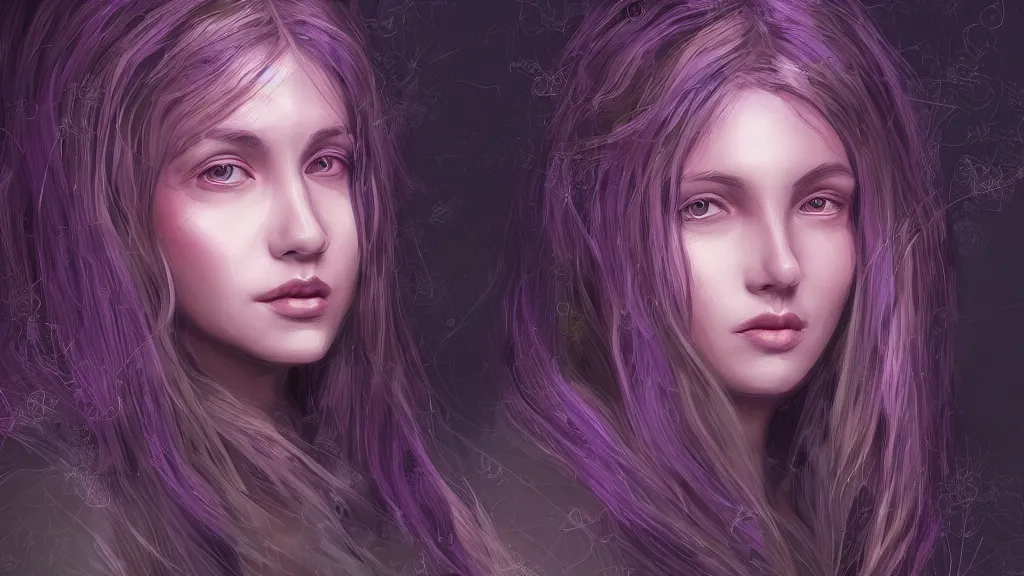 Prompt: an illustration of a mystical spiritual young woman, purple - tinted, wide - angle, high contrast, highly detailed, sharp focus, digital painting, 3 d art, illustration, trending on artstation,