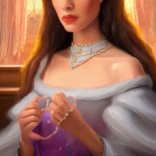 Image similar to a portrait of a jewish princess in a disney movie, oil painting, pale colors, high detail, 8 k, wide angle, trending on artstation,