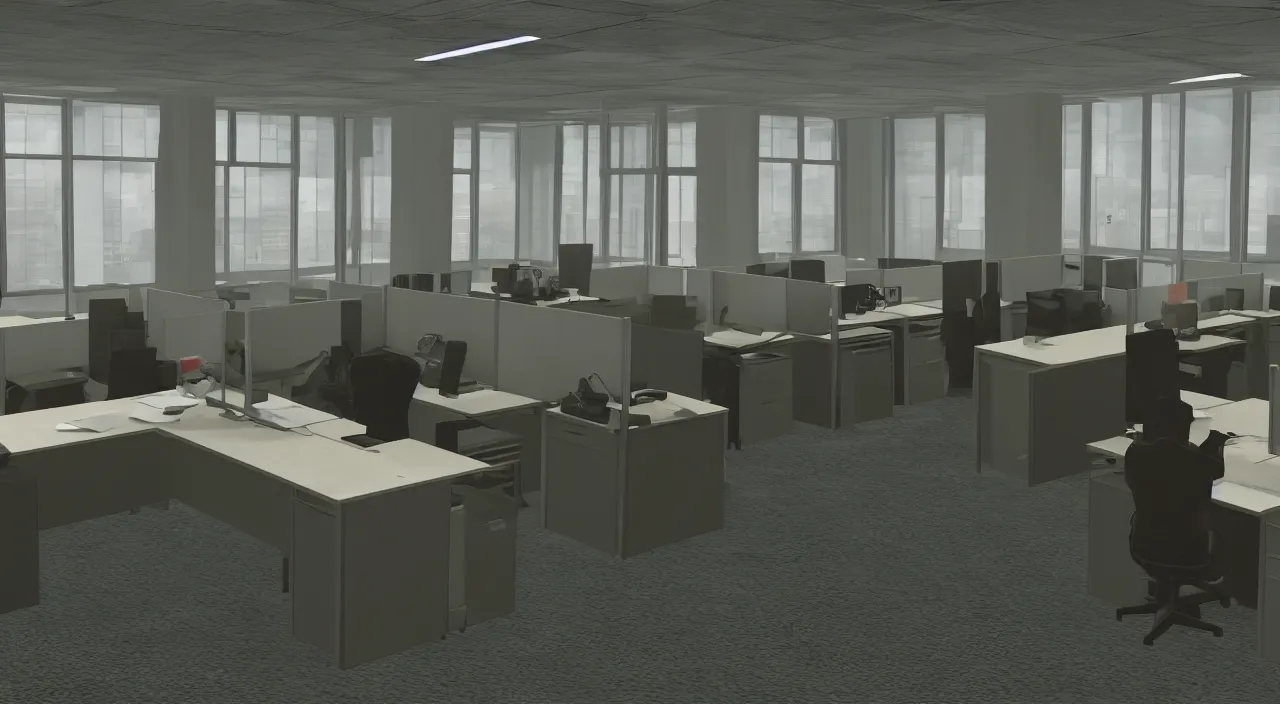 Image similar to A man in the office at 3AM with multiple cubicles and a window that provides a view of the city, Source Engine, Gmod, Half Life 2